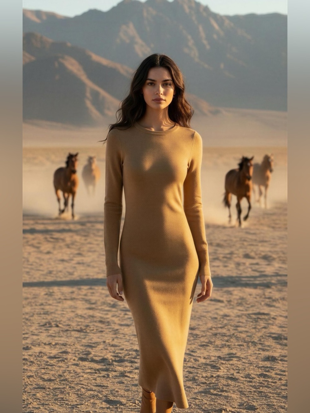 French Connection Camel Long Sleeve Sweater Maxi Dress Size S